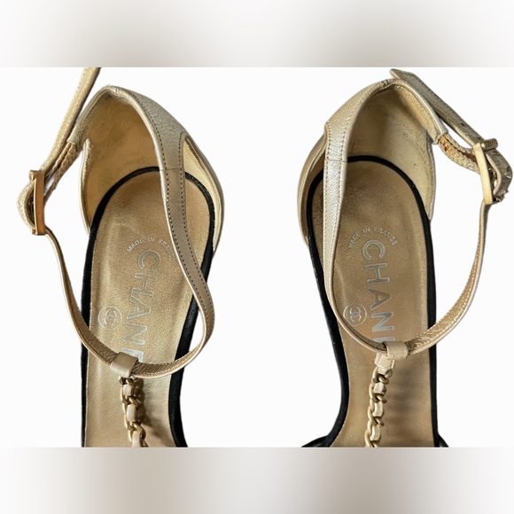 ❌SOLD❌Vintage Chanel Black/Beige Chain-link T-Strap Sandals Size EU 37 - Picture 10 of 16